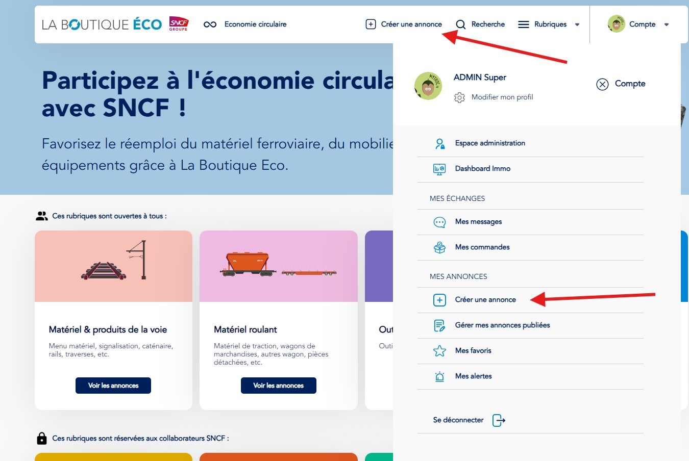 image 1 - bouton créer une annonce sur accueil ou depuis le menu compte