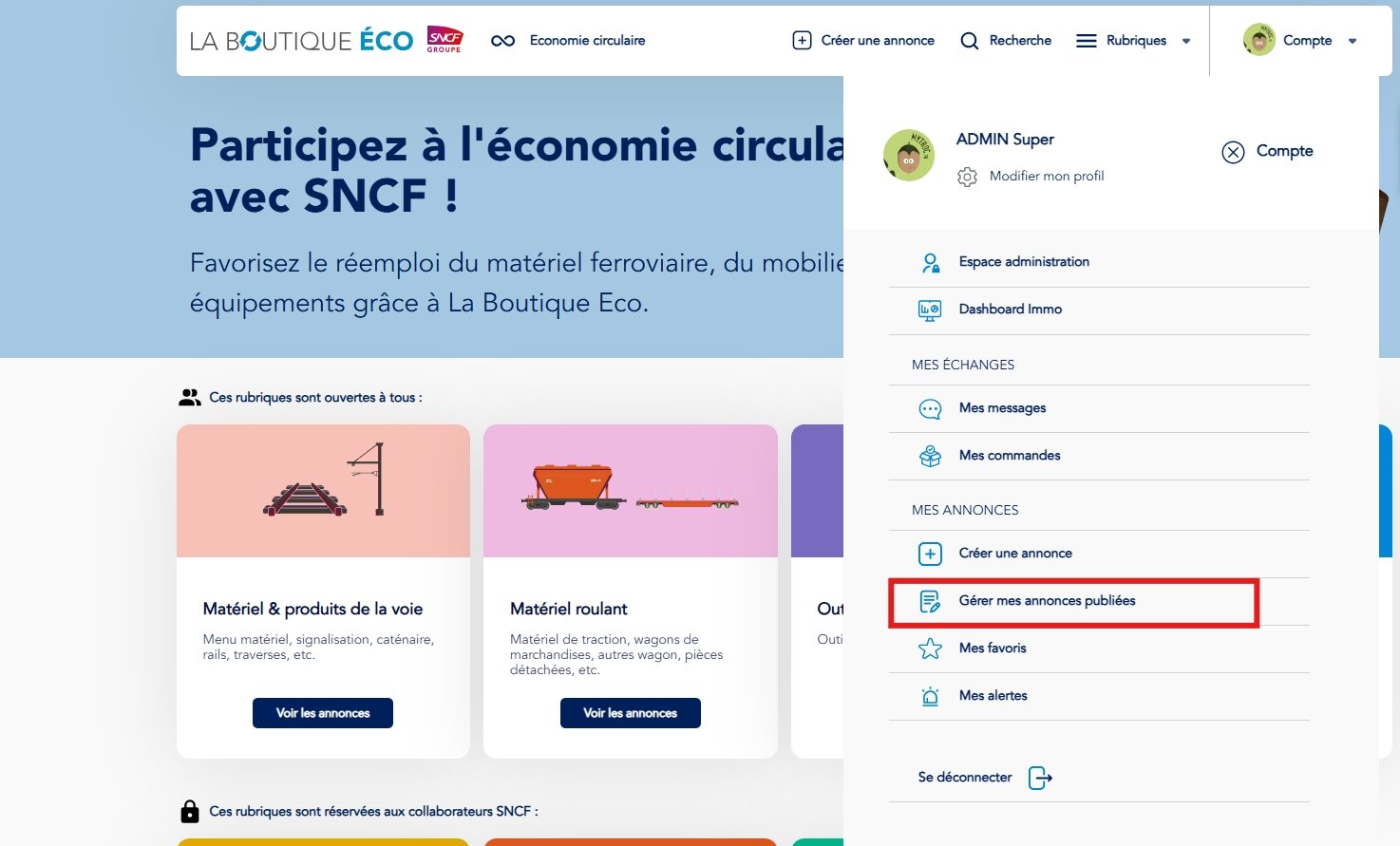 image 2 - bouton gérer mes annonces publiées depuis le menu compte