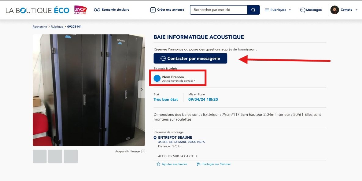 image 6 - coordonnées du donneur et bouton contacter sur les détails annonce